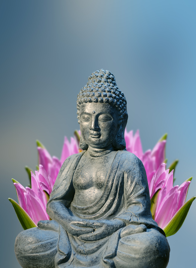 Buddha Statue in Front of Lily Flower